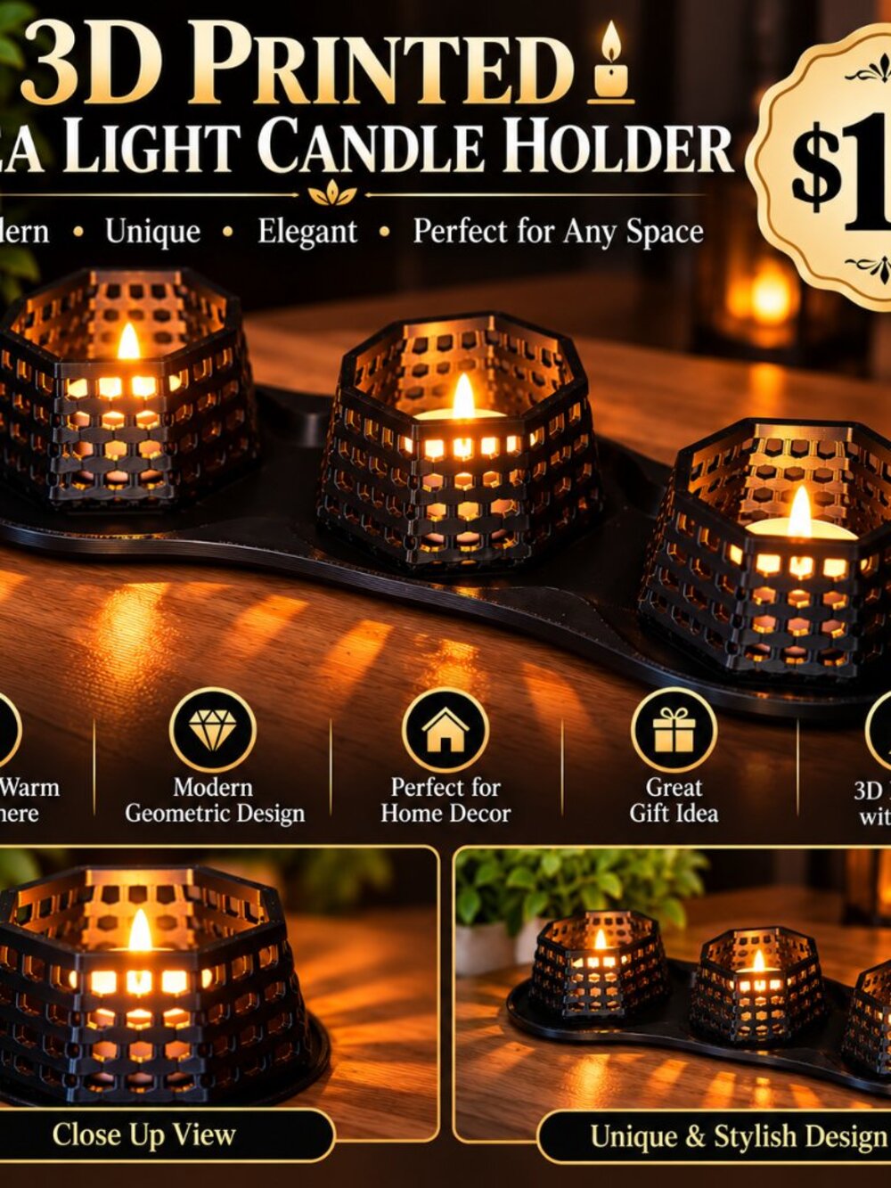 3D Printed Tea Light Candle Holder – $15